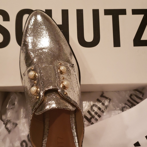Schutz NEW Pearl Stud ALL- Leather Mules Clogs Slip-On Shoes SILVER Women's🎉HP - Picture 11 of 14